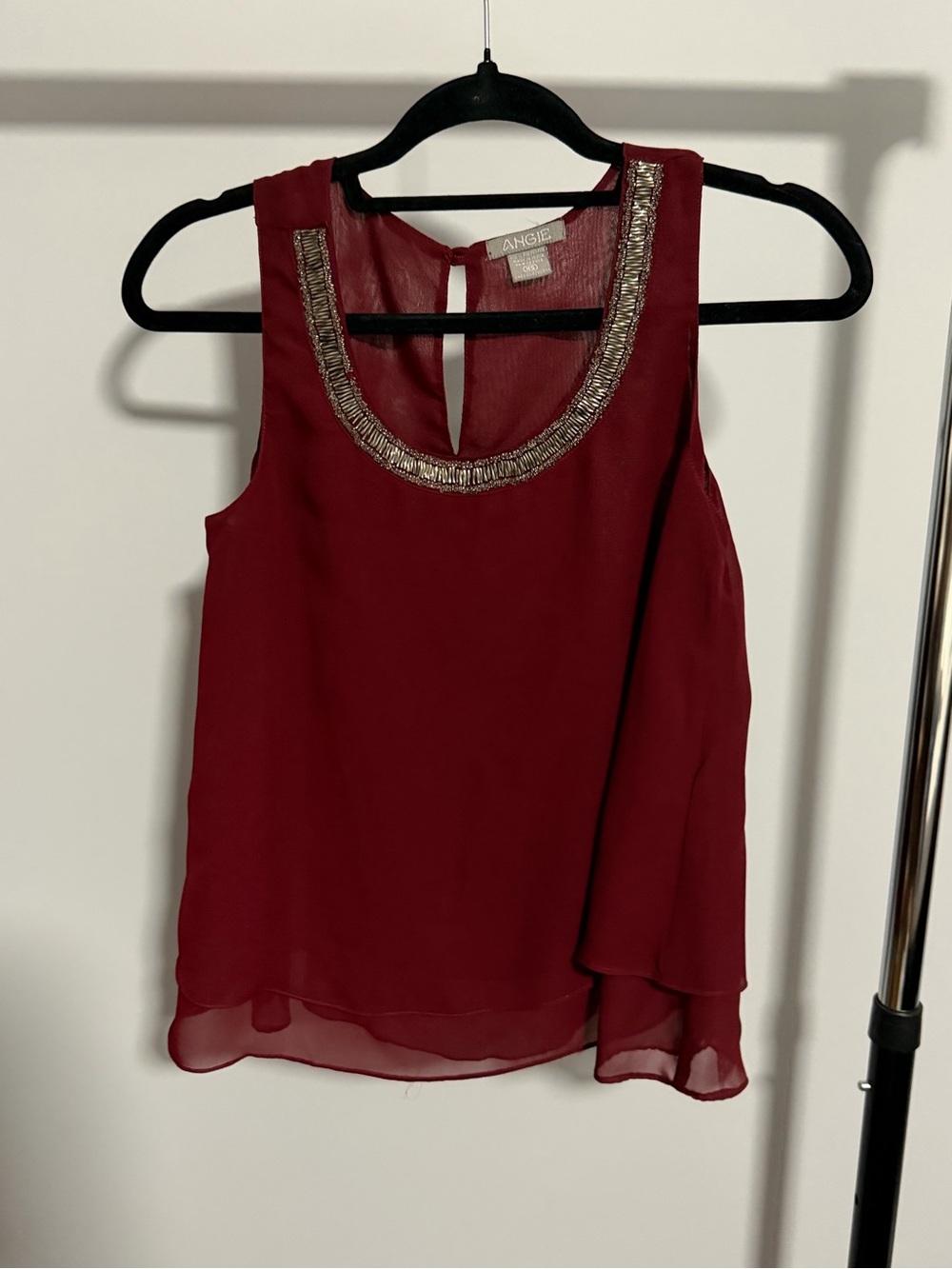 Angie Burgundy Sleeveless Chiffon Top with Metallic Beaded Trim Keyhole Detail